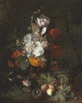 Flores Painting - Un bodegón con flores y frutas con un nido de pájaro y huevos Flores clásicas de Jan van Huysum